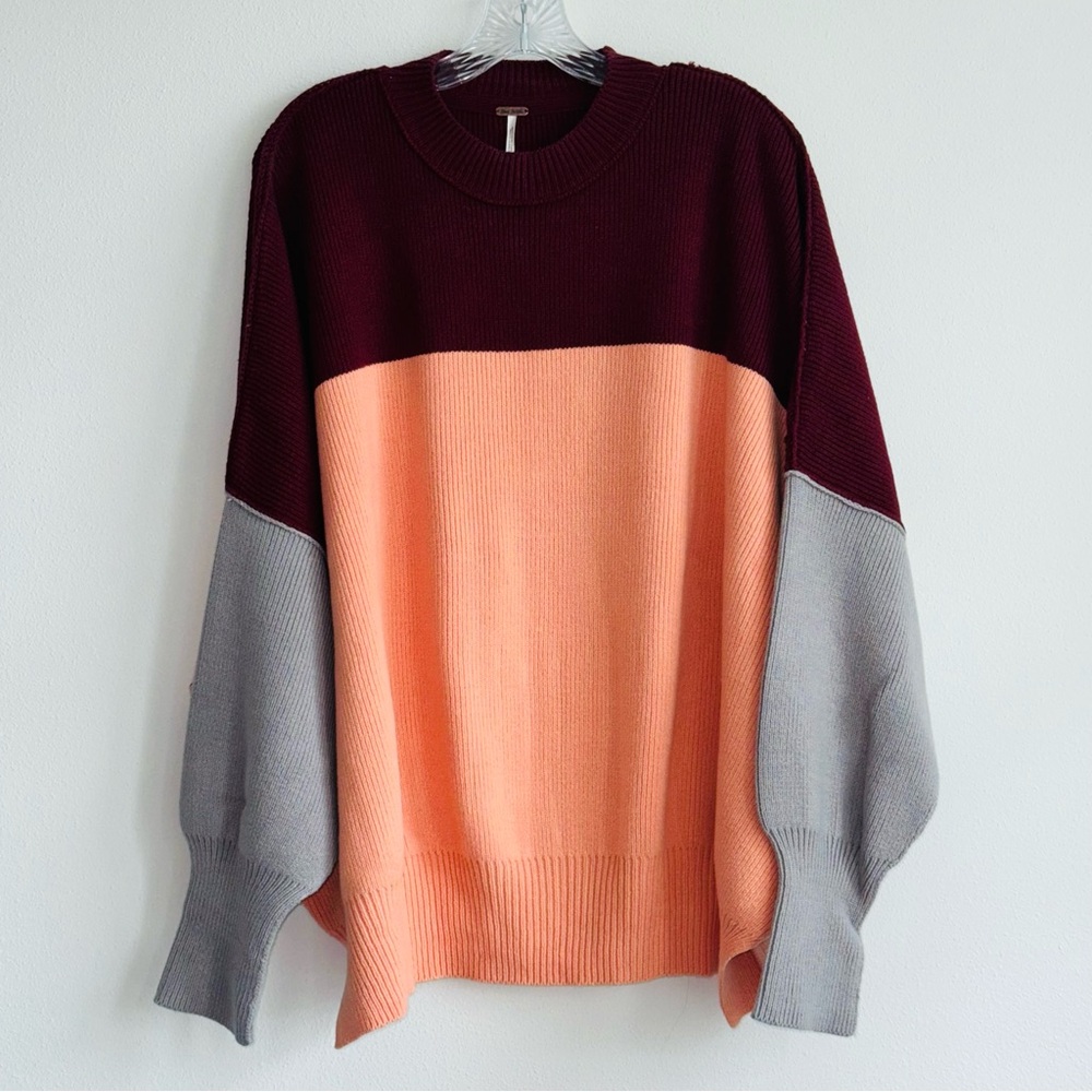 Free People Womens Oversized Color Block Cozy Crew Neck Sweater Size Small Peach